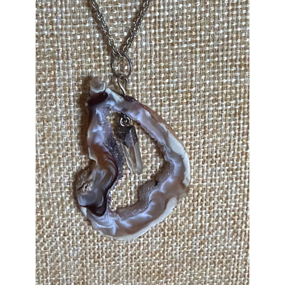Natural Agate Geode‎ Slice Necklace with Raw Crystal Point Pendant Silver Tone